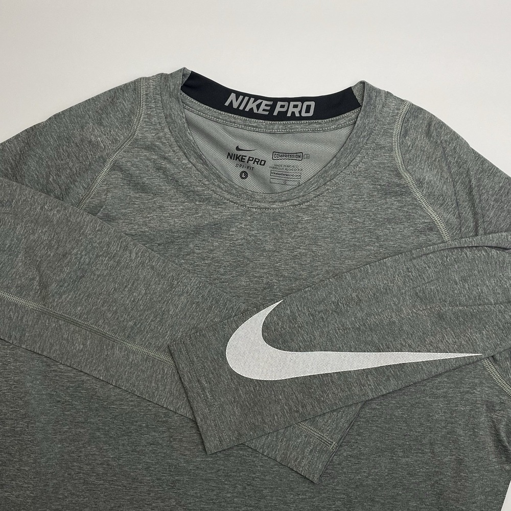 Nike Pro Compression Shirt Men Large Gray Long Sleeve Dri-Fit Arm Swoosh Stretch